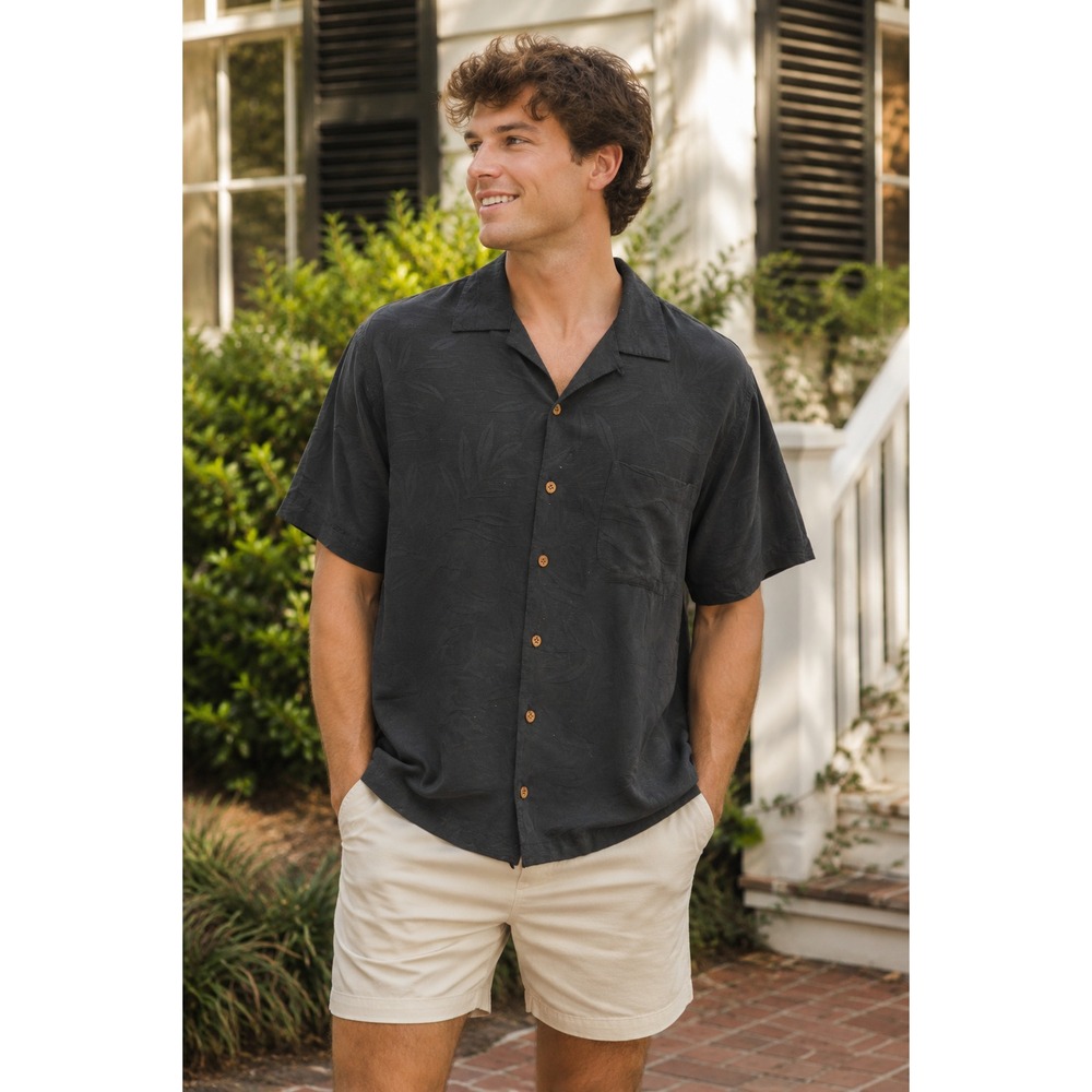 Tasso Elba Mens Silk Black Hawaiian Tropical Button Down Shirt XL Short Sleeve